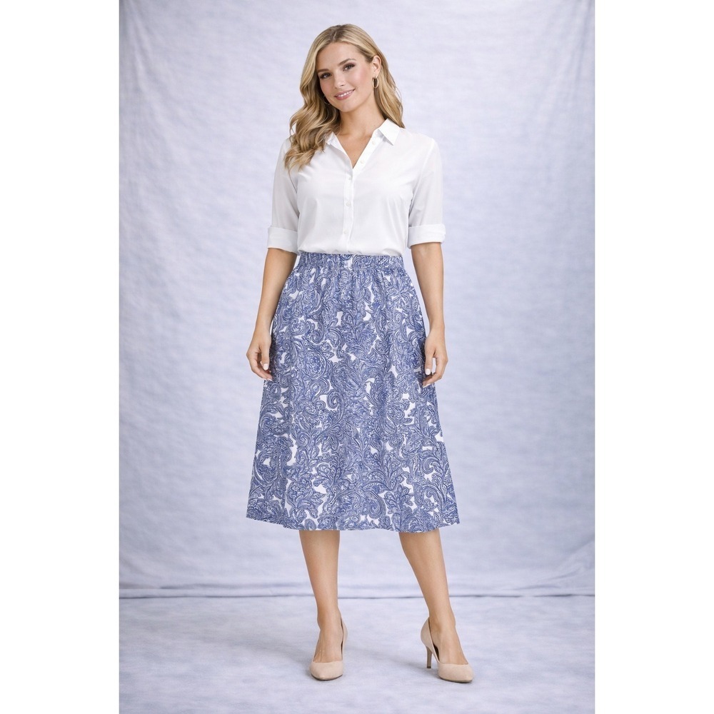Jones New York Large Blue White Paisley Linen Blend‎ Tiered Midi Skirt
